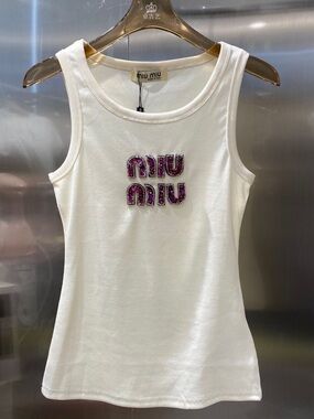 Vintage White Sleeveless Tank with Embellished Logo